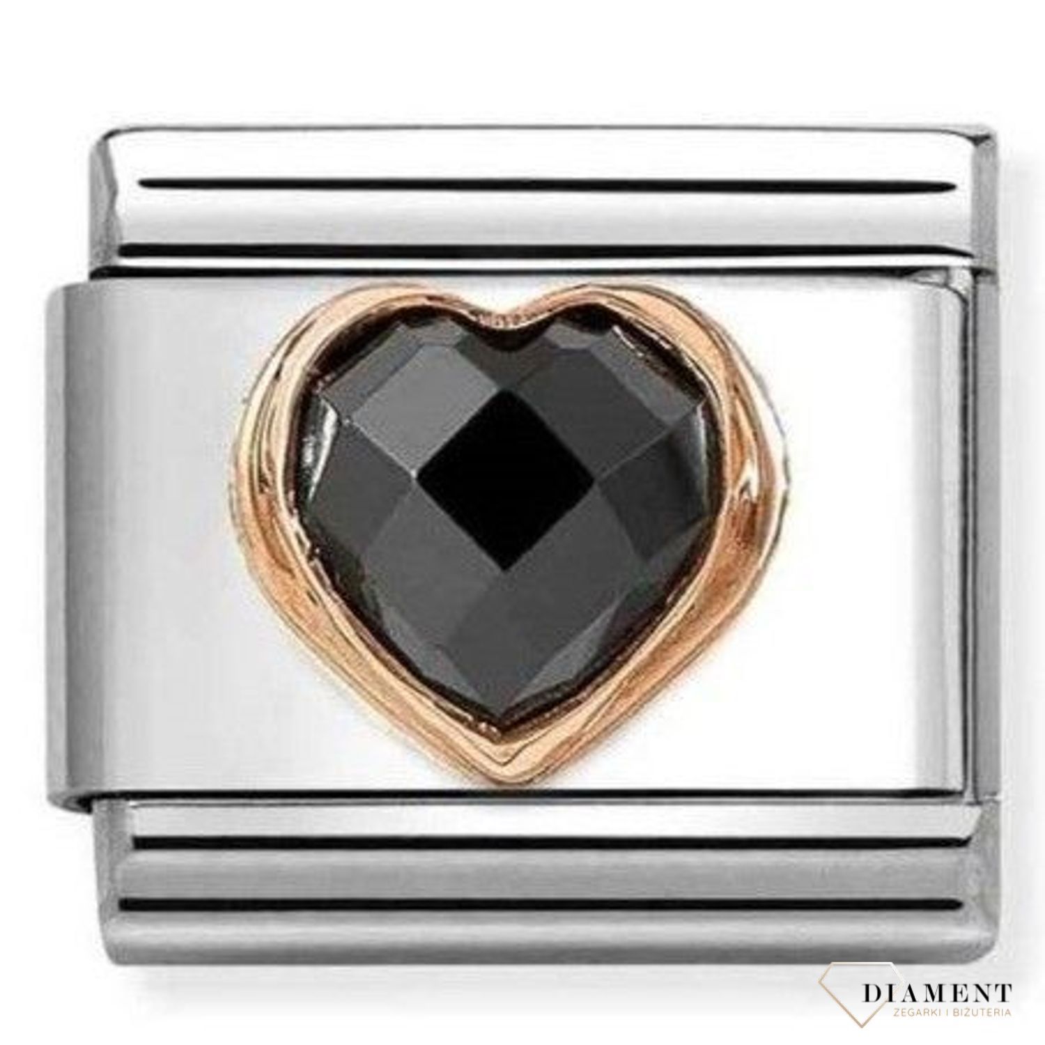 Nomination Link zawieszka charms Rose Gold 9K Serce z czarną cyrkonią 430607 011. Spersonalizuj swoją bransoletkę Nomination dodając do niej element z kolekcji COMPOSABLE. Charms z sercem na prezent dla kobiety..jpg